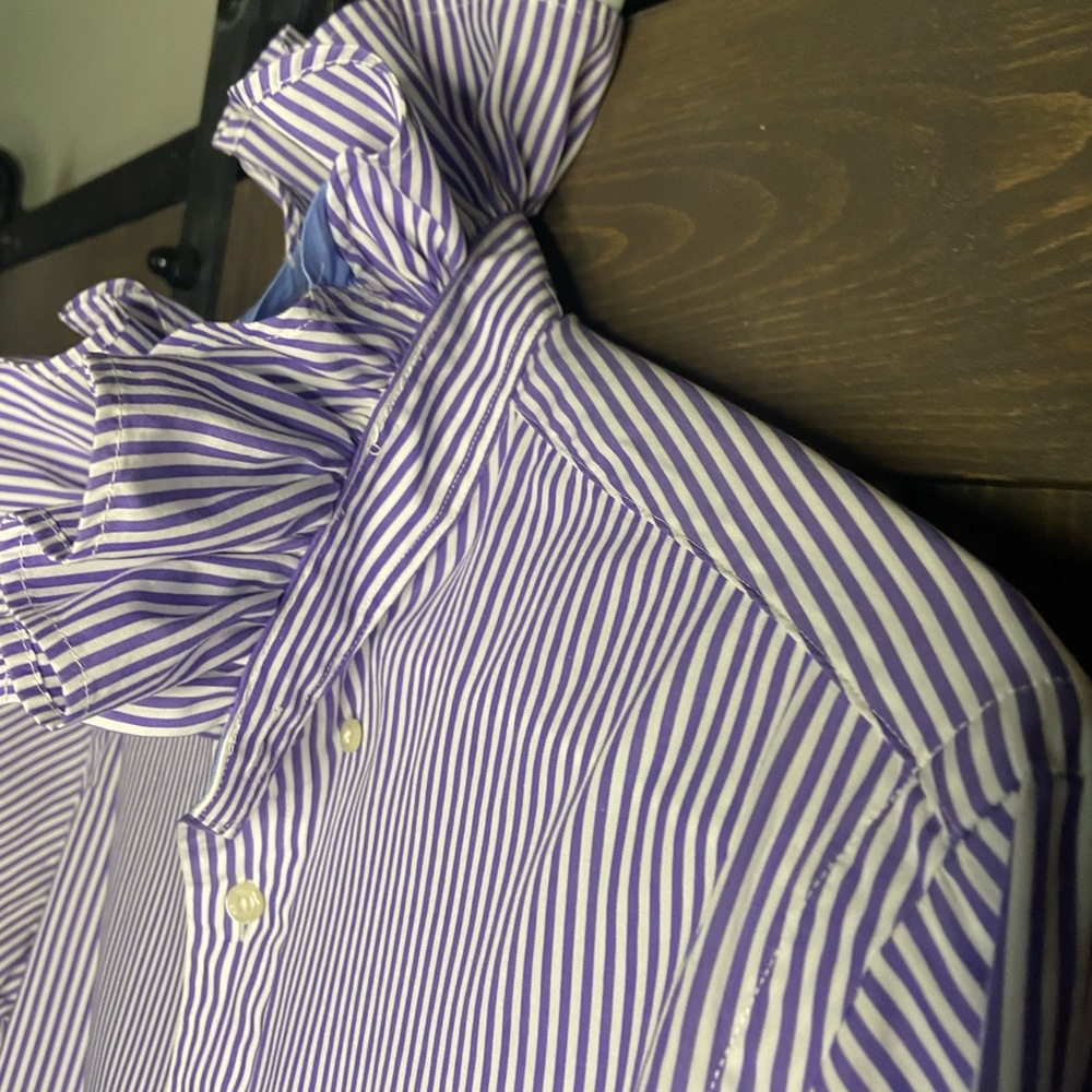 Ralph Lauren Purple and White Striped Ruffle-Collar Button-Down Shirt - Picture 4 of 5